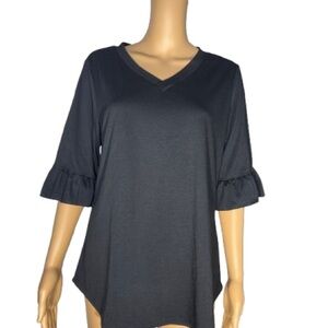 NWT Sampeel Chic Black V-Neck Blouse with Ruffle Sleeves Medium